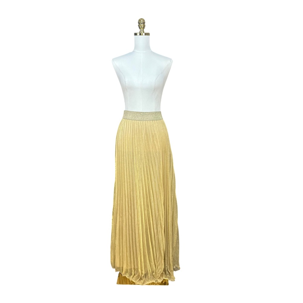 Good Time USA Womens 2XL Gold Metallic Pleated Maxi Skirt Shimmer Elastic Waist‎